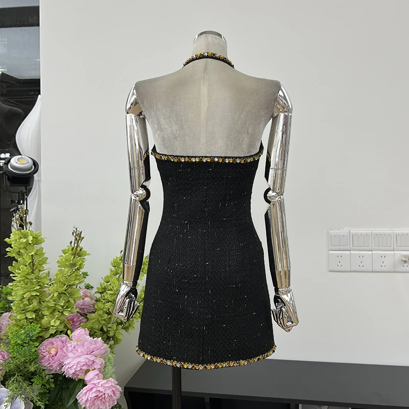 KBQ Solid Patchwork Diamonds Two Piece Set For Women V Neck Sleeveless Spliced Button Dress Long Sleeve Coat Elegant Sets New