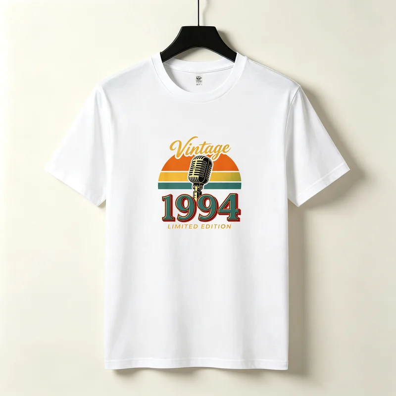 Фото Винтажная футболка с рисунком микрофона и закатом 1994 года, лимитированная серия, унисекс, для женщин и мужчин, хлопковая, летняя, повседневная, подарок на день рождения №5