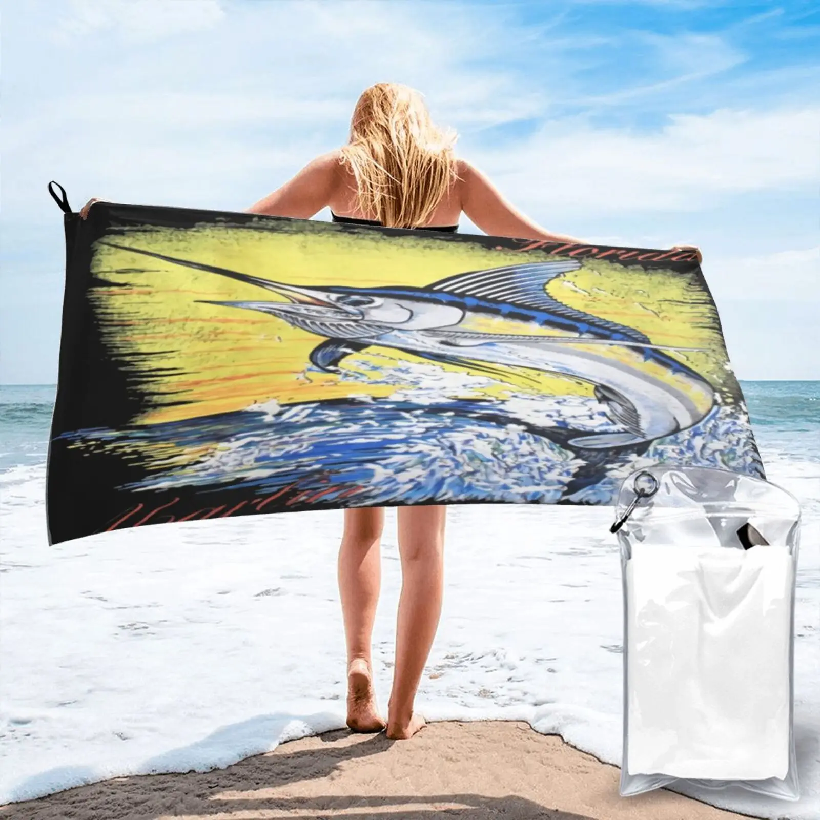 

90S Florida Marlin Fish To Bc308 Beach Towel Large Beach Towel Terry Towels Beachwear Bathrobe Woman Beach Cover Up Hand Towel