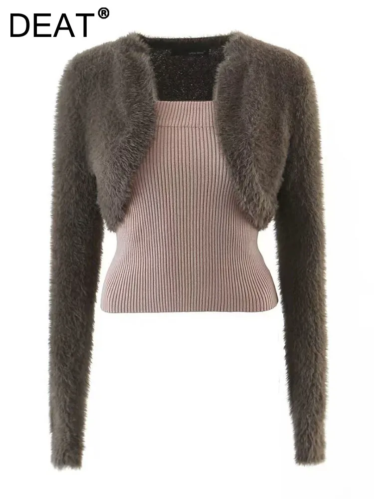 

Женский короткий облегающий кардиган DEAT, плюшевый свитер с V-образным вырезом и длинным рукавом, осень 2022