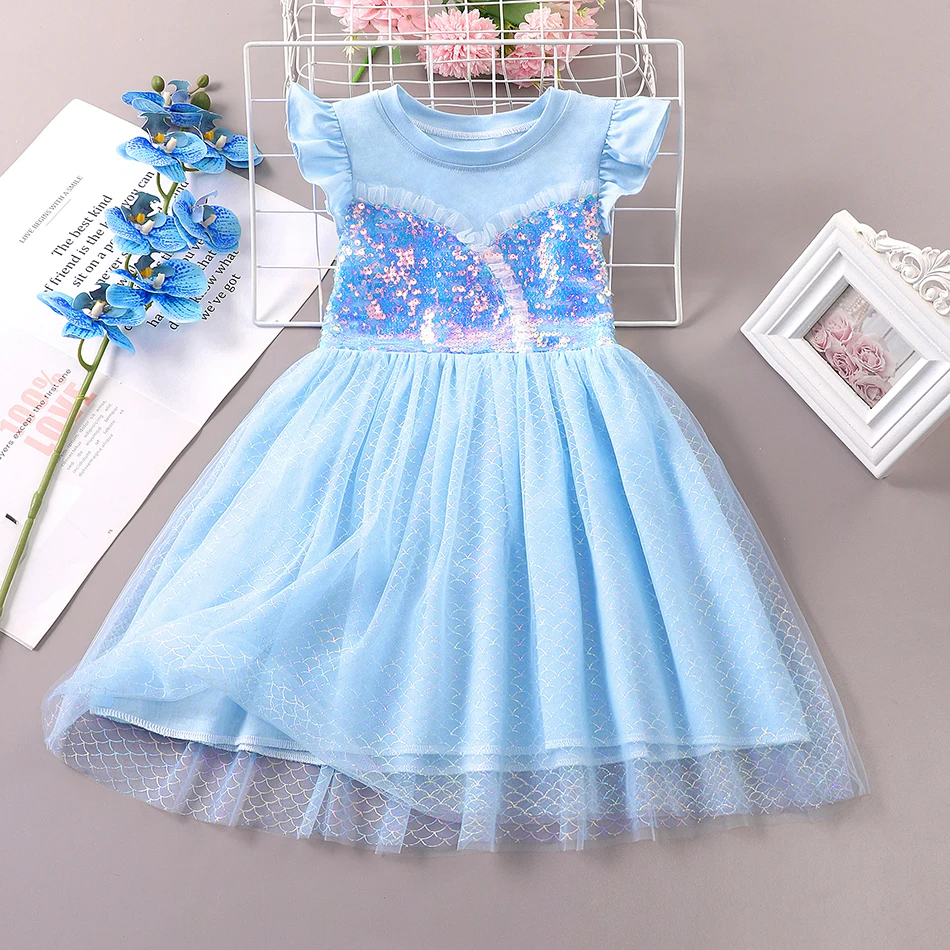 

2023 New Girls Casual Dress for Summer Tulle Sequin Princess Dress Girls Birthday Party Gifts Dress Up Clothes 2-8T