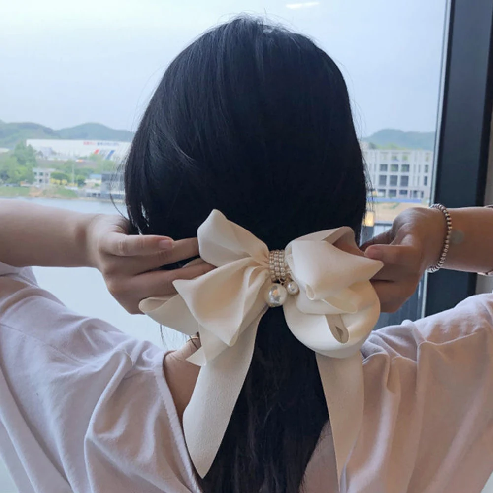 

Women Large Bow Hair Clip Girls Pearl Big Bow Hairpin Polyester Snap Barrette Women Solid Color Ponytail Clip Hair Accessories