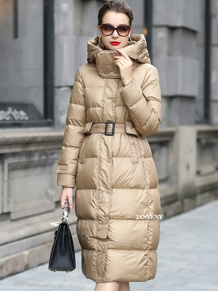 

Janveny 2022 Winter Women Hooded Long Slim Puffer Jacket Female Casual Thicked Warm Belted 90% White Duck Down Coat Snow Outwear