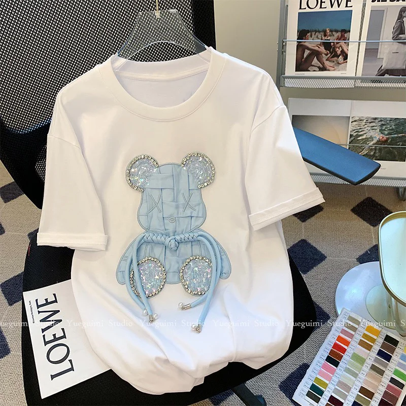 

Cartoon Print Round Neck Short Sleeve Loose T-Shirts Women's Fashion Oversized Y2K Patchwork Baggy Tee Korean Summer Casual Tops