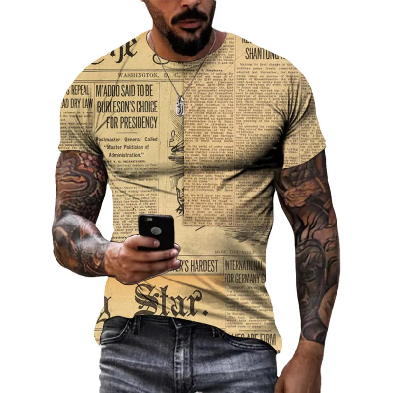

Summer New Hot Selling Retro Men's T-shirt Retro Old Newspaper Pattern 3D Printing Short Sleeve Fashion Breathable Street Top