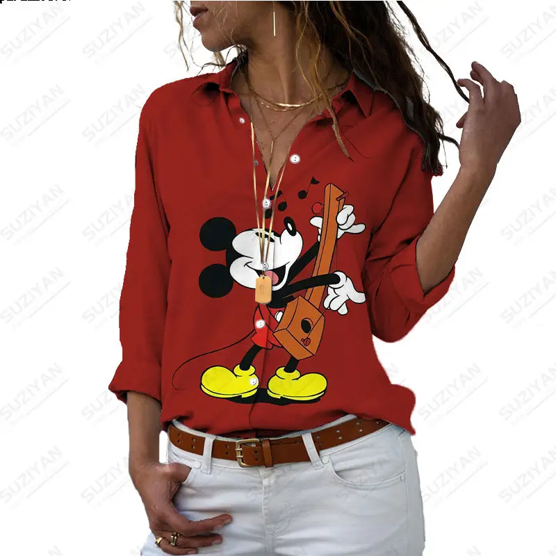 

2023 New Fashion Disney Harajuku Loose 3D Print Women's Button Long Sleeve Polo Neck Mickey Minnie Donald Duck Casual Cute Shirt