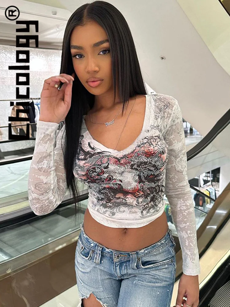 

Chicology Fashion Long Sleeve Slim Printed T-Shirt Streetwear Y2K Top Summer Party Outfit 2023 Women Clothes For Wholesale