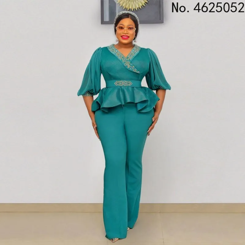 

S 5XLdashiki African Clothes Women's Two Piece Matching Set Solid Color Ruffle Top Fashion Trousers African Suit Spring 2022 New