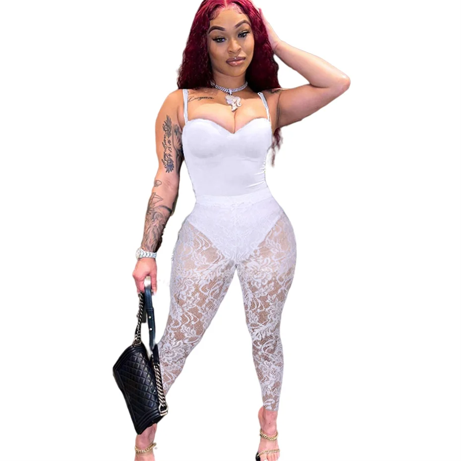 Bulk Items Wholesale Lots Pant Sets Women Summer 2022 Spaghetti Strap Bodysuit + Lace Legging Sexy Two Piece Set Outfits M9105 |