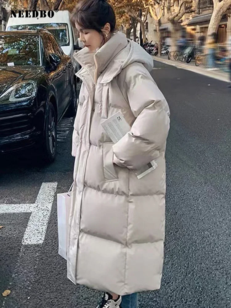 Women's Blue Down Jacket Hooded Long Cotton Clothes Winter Warm Thicken Windproof Korean Fashion Casual Loose Oversized Coat Top