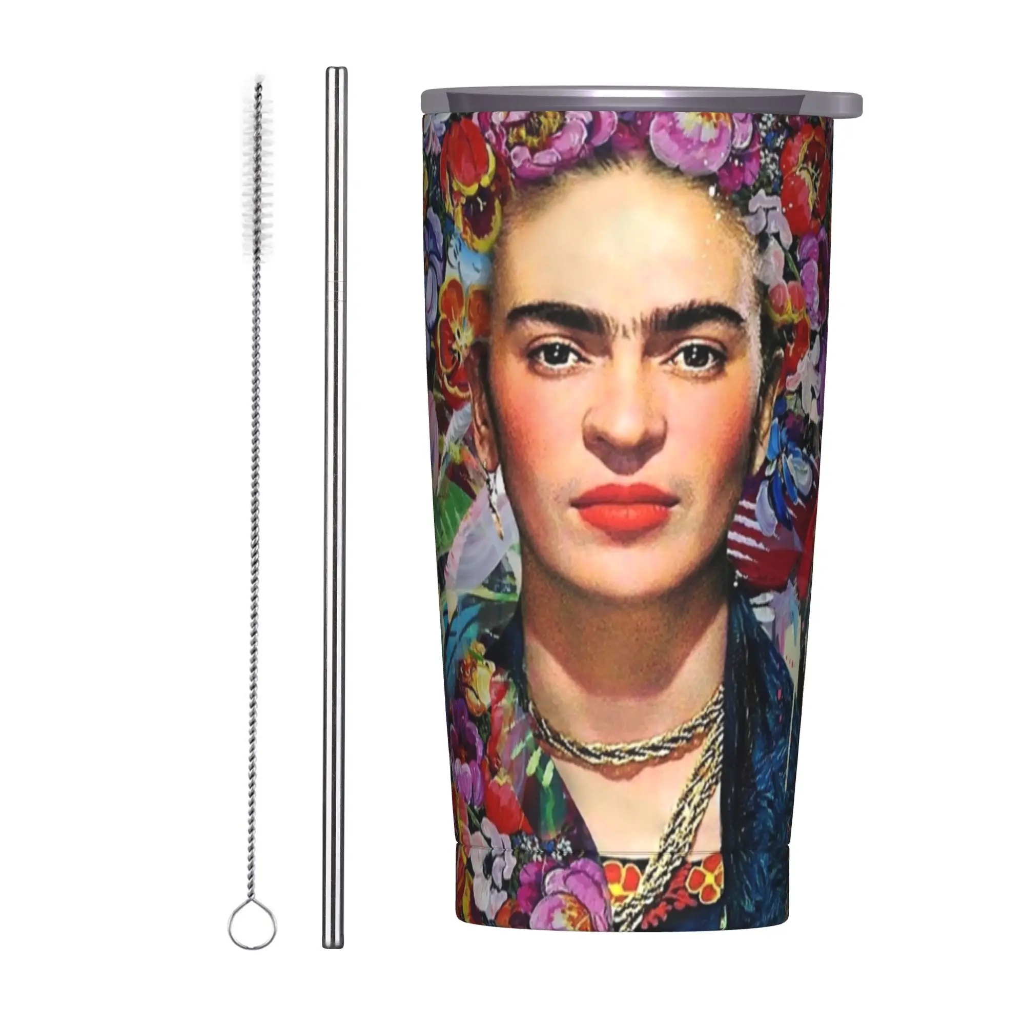 Фото Термокружка F-Frida K-Kahlo с вакуумной изоляцией, крышкой и соломинкой, для горячих и холодных напитков, 20 унций №1