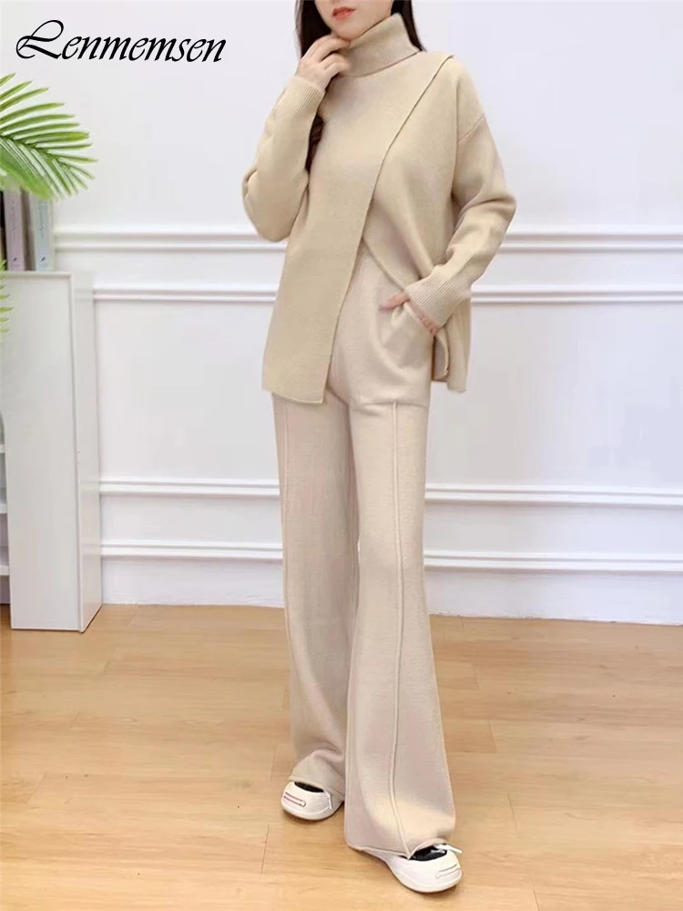 

Lenmemsen, элегантная уличная одежда, Трикотажный костюм для женщин 2023, свитер с высоким воротником и брюки с эластичным поясом, 2 шт., Повседневная Свободная модель