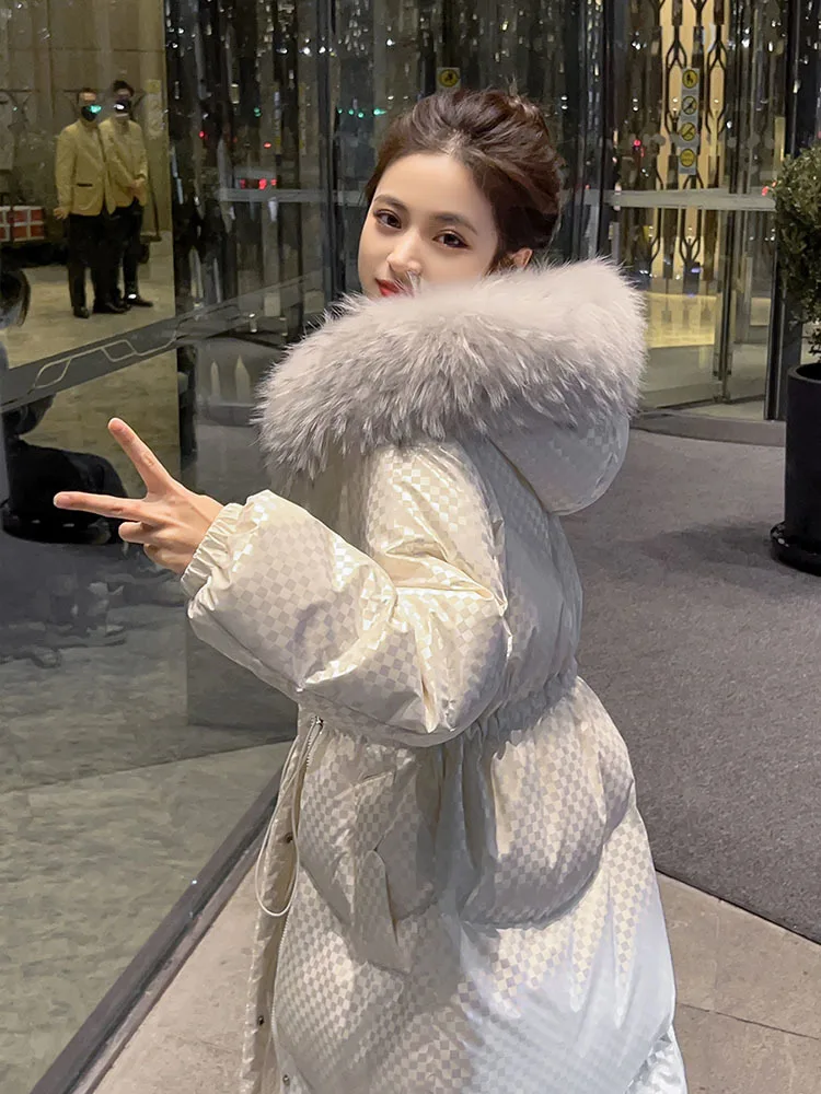 

Winter Women 90% White Duck Down Coat Long Fox Fur Hooded Rhombus Pattern Parka Argyle Long Plaid Bubble Jacket Snow Outwears