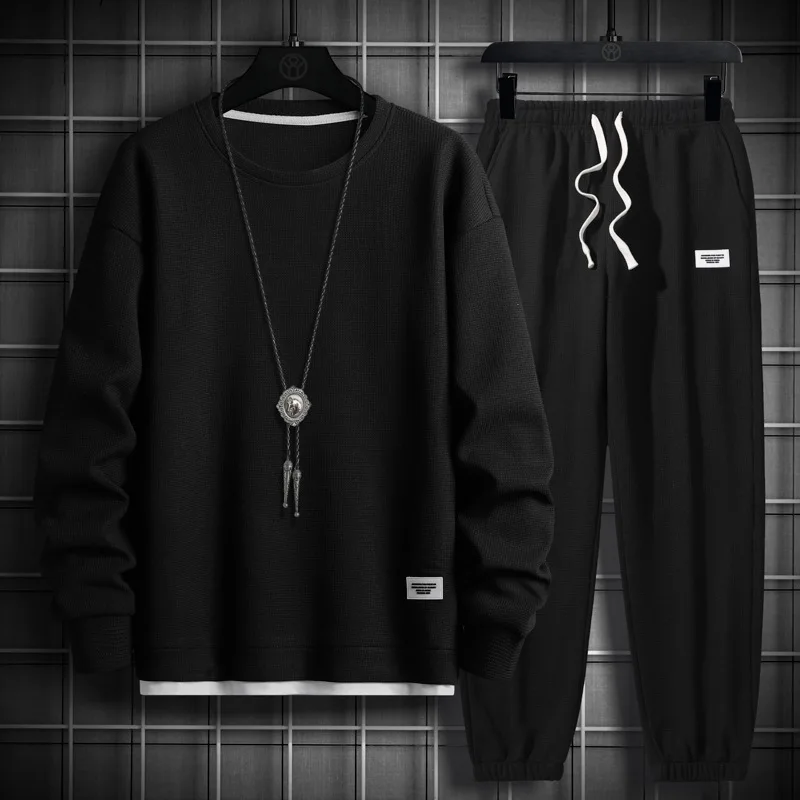 New Waffle Spring and Autumn Men's Casual Sports Suit Men's Loose and Handsome Men's Long-Sleeved T-shirt Trousers Fashion