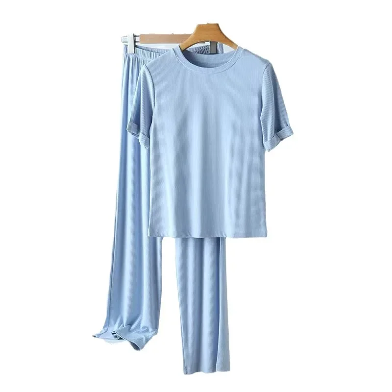2025 new cotton soft and comfortable small thread short-sleeved trousers pajamas pants set vertical stripe round neck lounn