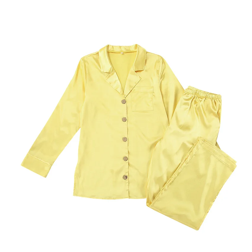 Yellow Color Satin Silky Pajams Set Fashion Long Sleeves Female Sleepwear Home Wear Pyjamas Set