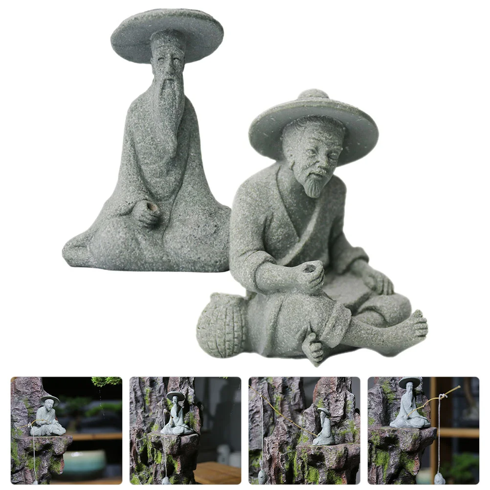 

2pcs Decorative Old Fisherman Figurine Potted Landscape Ornament Rockery Decor