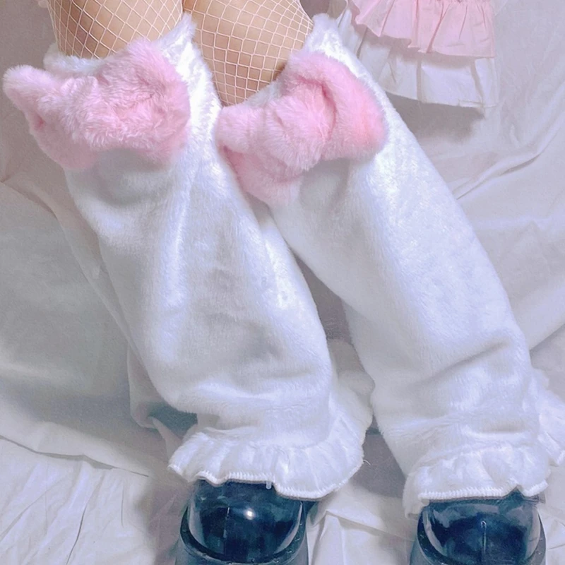 Women Winter Plush Leg Warmers  Sweet Bow Ruffled Hem Foot Cover Socks 37JB