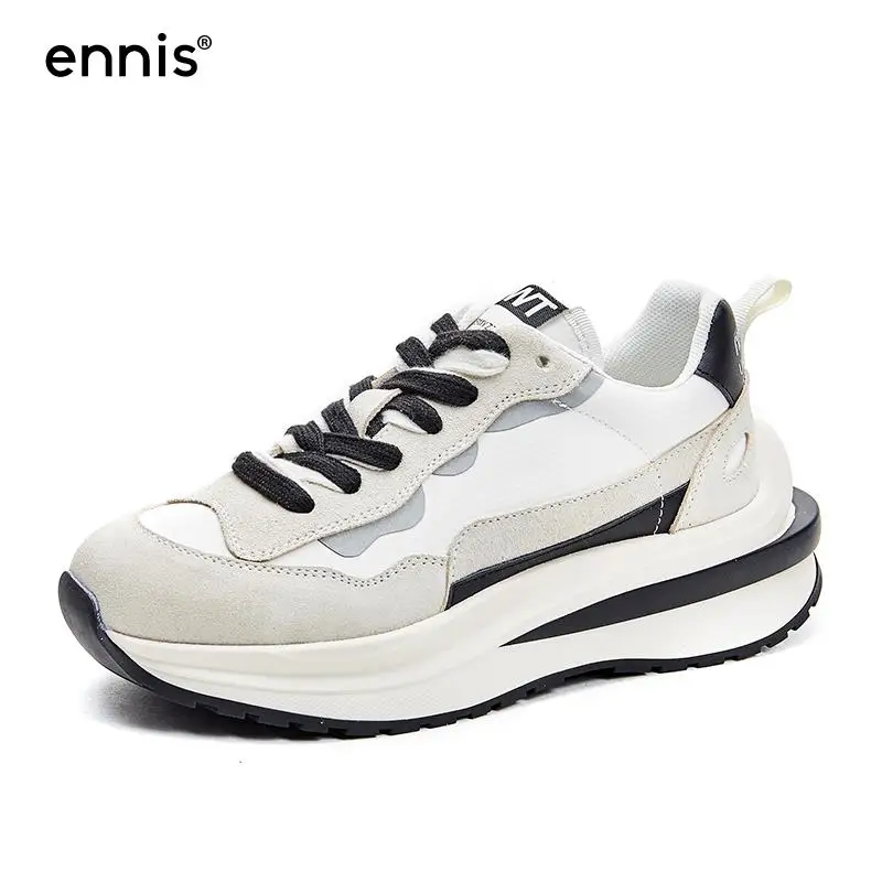 

ENNIS Designer Sneakers White Lace Flat Platform Shoes Women Vulcanized Shoes Sport Waffle Shoes Casual Spring Splicing E223