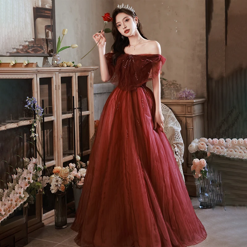 

It's Yiiya Evening Dress Burgundy Tulle Pleat Lace Up Floor Length Short Sleeves A-Line Plus size Woman Formal Party Gowns XC069