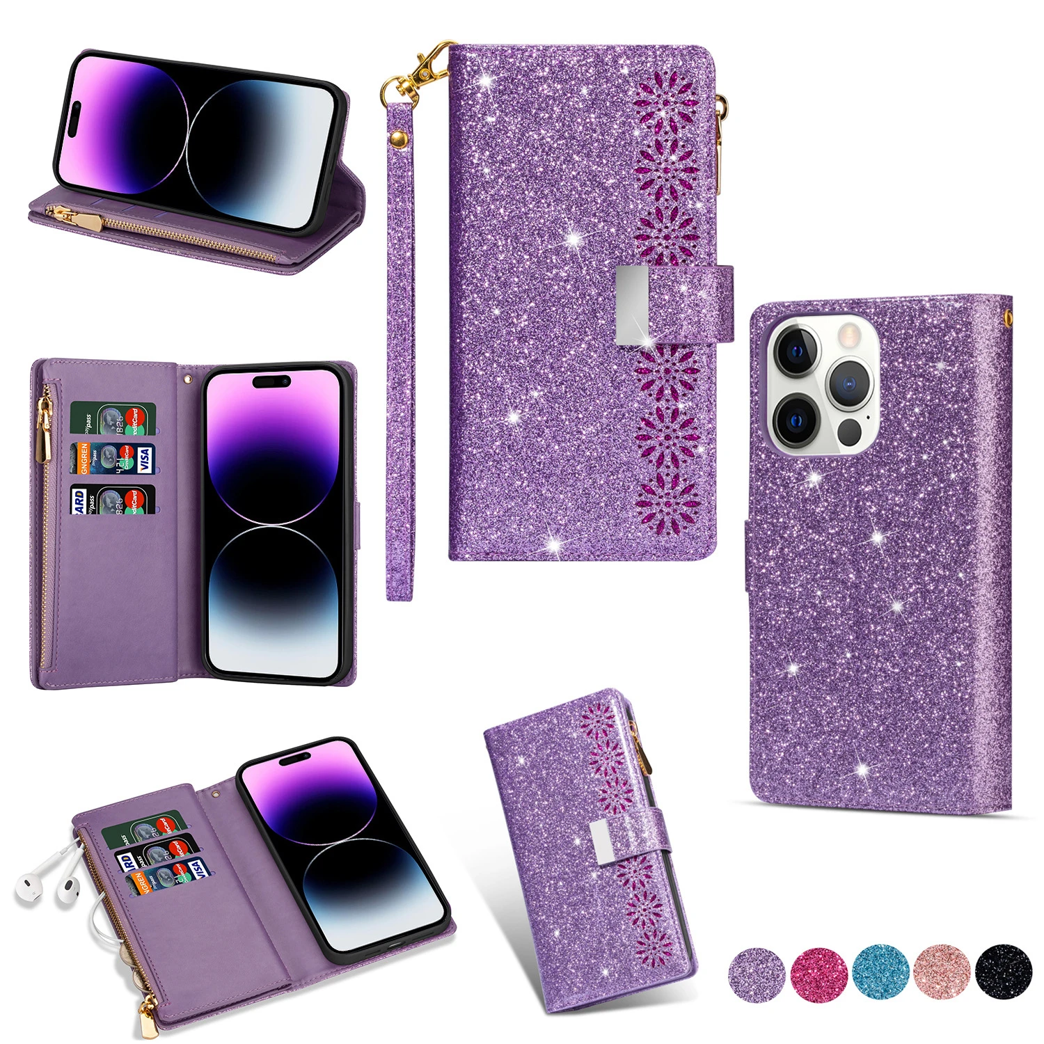 

Bling Glitter Card Slots Flip Cover For iPhone 15 Pro Max 14 13 12 11 Pro Max XS XR X 15 Plus Zipper Wallet Leather Phone Case