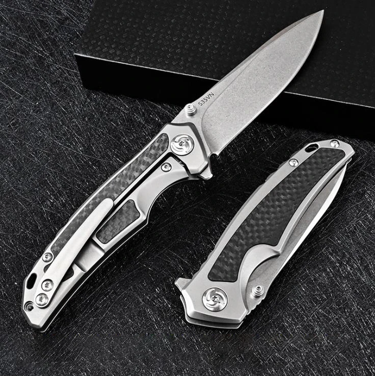 Titanium Alloy Carbon Fiber Knife Handle S35vn Steel Folding Knife Outdoor Camping Security Pocket Portable Military Knives enlarge