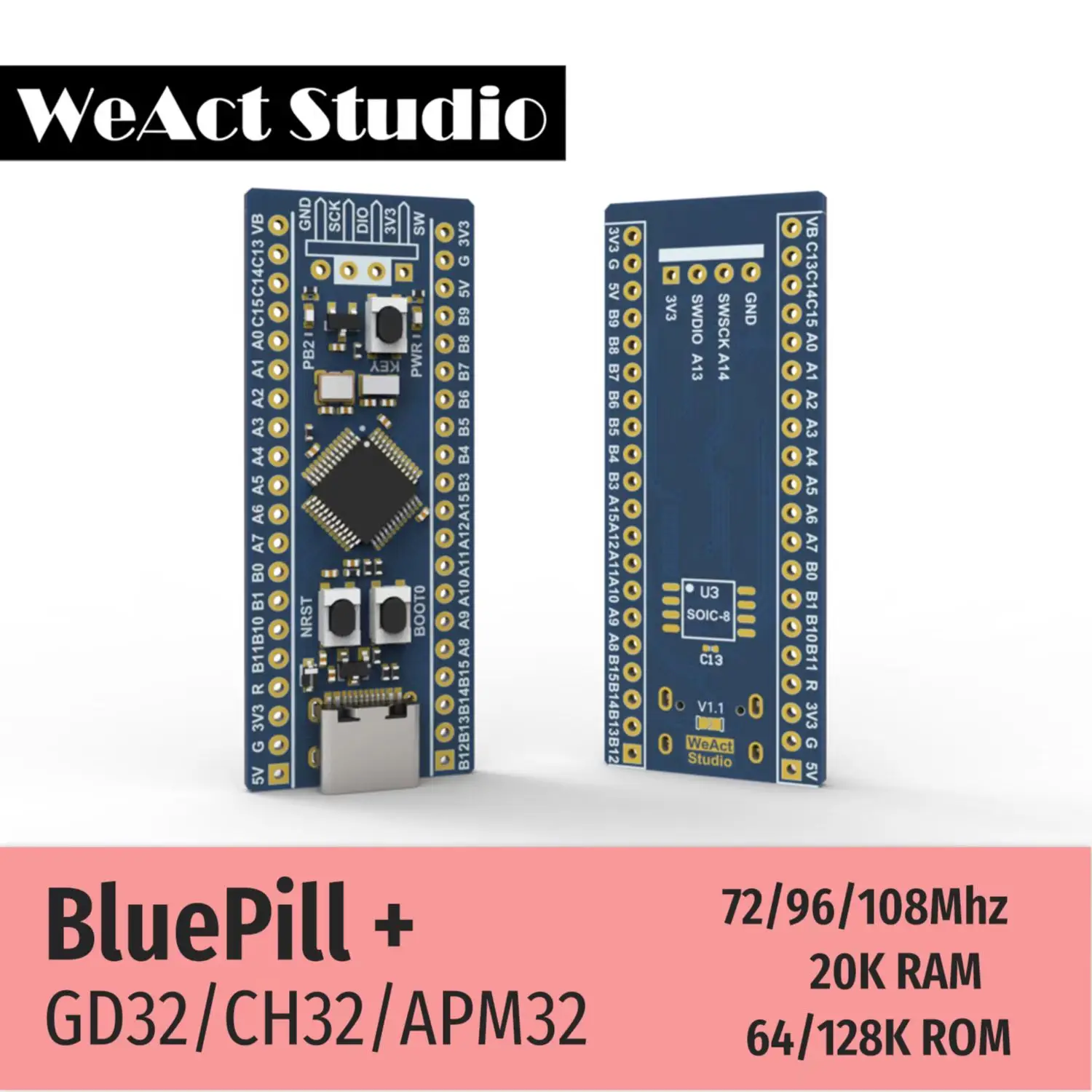 Плата обучения WeAct BlueBill Plus APM32F103CBT6 GD32F103CBT6 CH32F103C8T6 CH32V203C8T6, вместо STM32F103C8T6