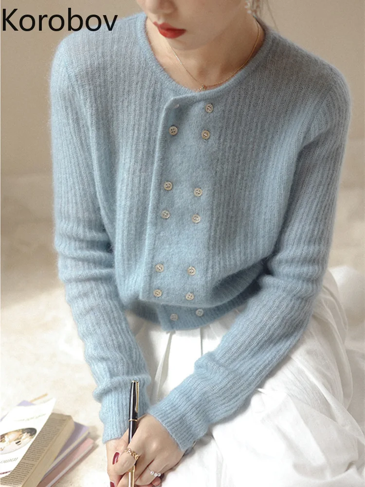 

Korobov French Vintage Spring Double Breasted Temperament Simple Knitting Cardigan Vintage Sweater Sueter Mujer Invierno 2022