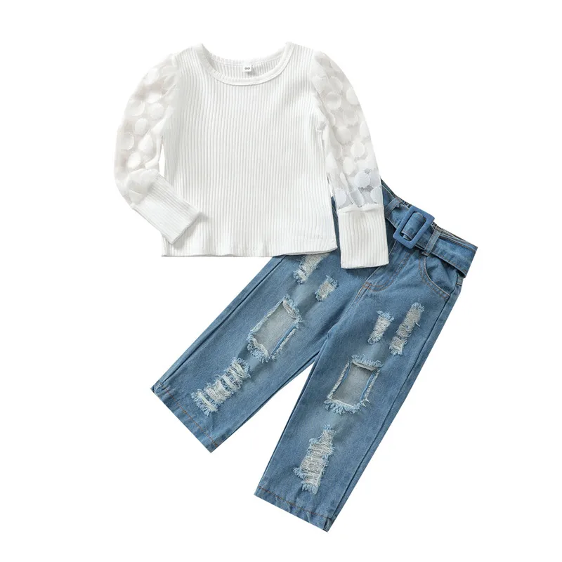 

Girl’s T-shirt and Trousers Suit Fresh Solid Color Lace Long Sleeve Tops and Ripped Denim Pants