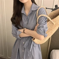 korean chic women dress shirt loose lace up striped shirt feminine button up single breasted straight maxi office ladies dress
