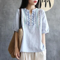 china blouse embroidery loose v neck slub cotton top womens summer vintage cotton linen short sleeve chinese style shirt