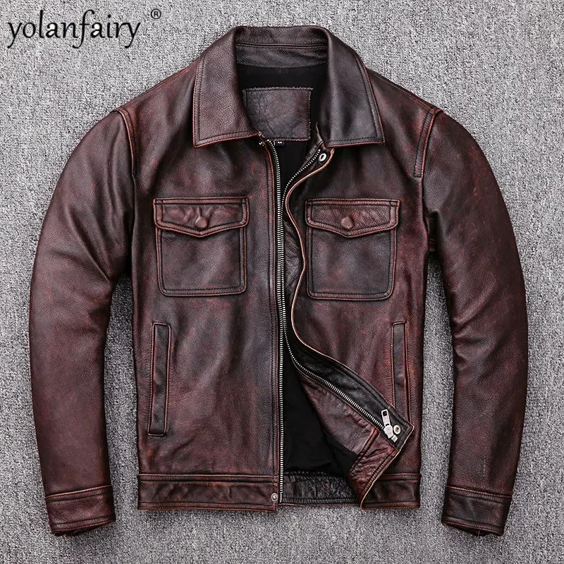 

Мужская винтажная мотоциклетная куртка, красно-коричневая куртка из натуральной воловьей кожи с верхним слоем в стиле ретро, 6XL, FCY4346