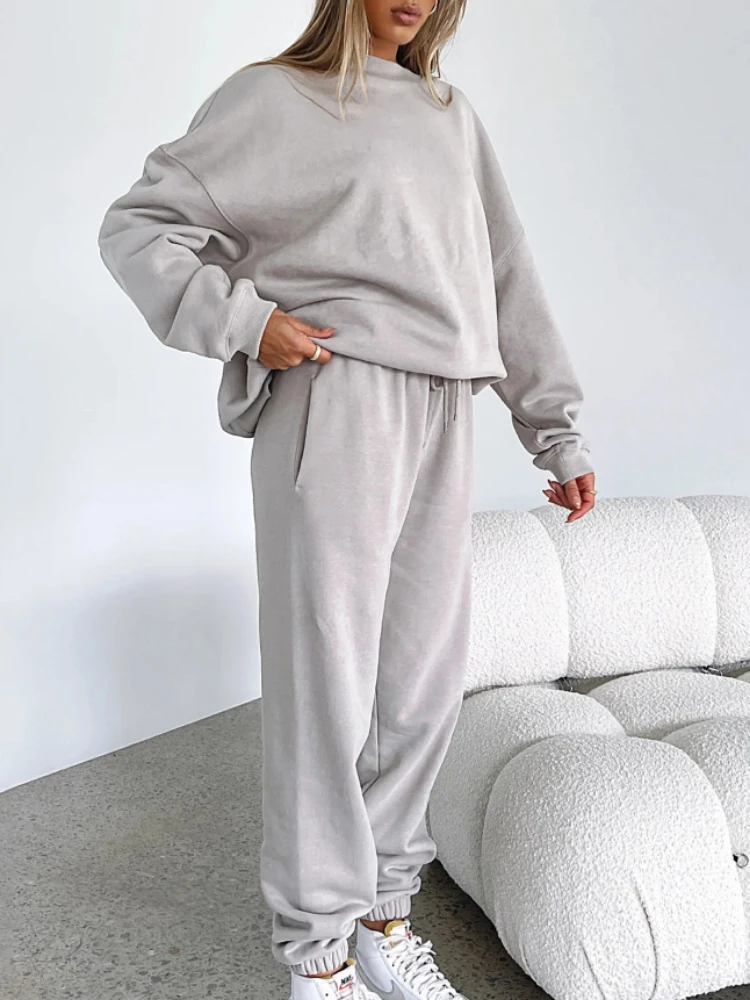 

2023 New Autumn Women Solid Color Crew Neck Two Piece Sets Womens Outifits Loose Soft Fashion Top Pants Woman Clothes Outfits