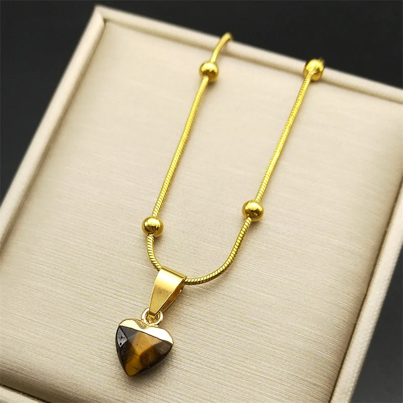 Ожерелье с подвеской в виде сердца из Тигрового Глаза Коричневого цвета для