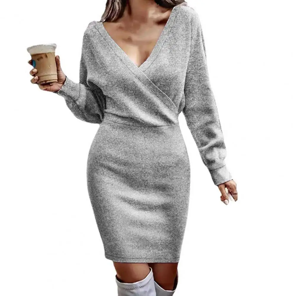 

Mini Dress Women Lace Solid Color Backless Long Sleeve V Neck Streetwear Autumn Winter Slim Fit Lace-up Bodycon Dress Daily Wear