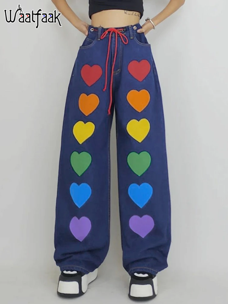 

Waatfaak Y2K Hear Printed Oversized Bandage Baggy Jeans Blue Denim Harajuku Wide Leg Trousers Streetwear Mom Fashion Cargo Pants