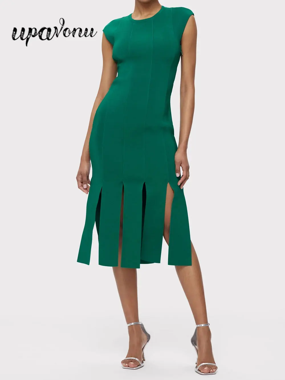 Соблазнительное женское облегающее платье болотного цвета 2024 без рукавов с