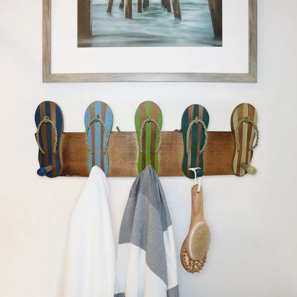 

5 Hooks Wood Colorful Flip Flops Hanger Hook Door Wall Keys Home Organize Towel Rack Organizer Holder Accessory Kitchen Han J0n1