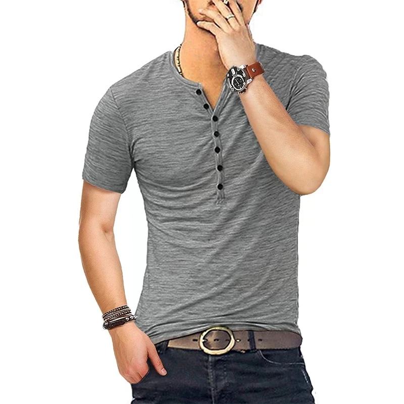 

B1107 Short Sleeve Stylish Slim Fit T-shirt Button Up V Neck Casual Men Tshirts US Size