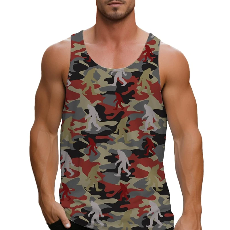 Camouflage Bigfoot Men's Sleeveless T-Shirt Vest Clothes Sasquatch Pattern Print Outdoor Casual Man Gym Tee Pullover Sportwear