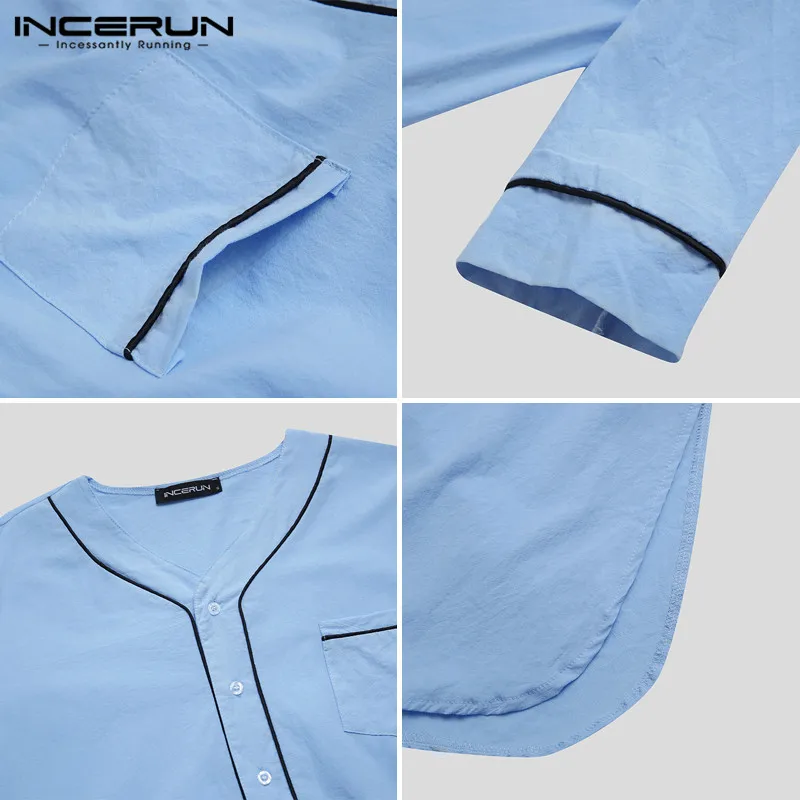 INCERUN New Men Long Sleeve Sleep Robes Homewear V Neck Button Cozy Bathrobe Casual Hot Sale Pajamas Nightgown Loungewear S-5XL
