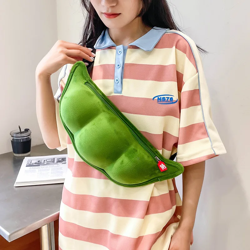 

Fashion Plush Women's Messenger Bag Cute Edamame Shaped Shoulder Bag Fresh Sweet Solid Color Zipper Handbags for Women=