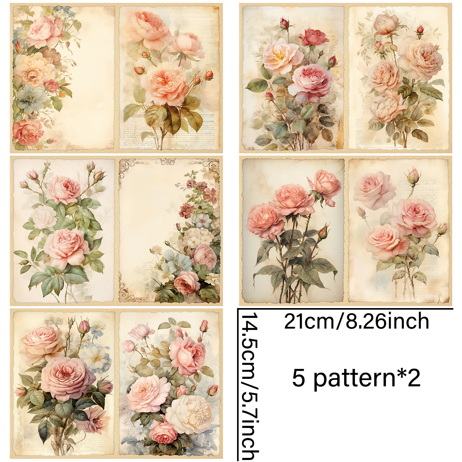 10 листов формата А5 праздничный фон с розовыми розами винтажный гранж-журнал