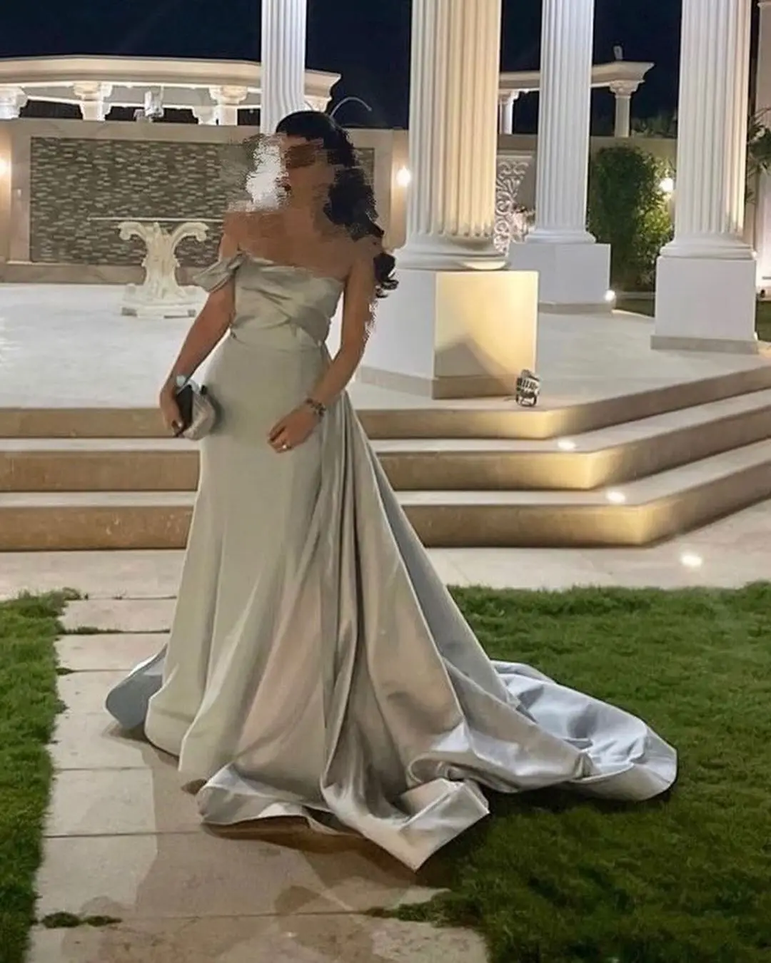 

Silver Satin Long Prom Dresses Off the Shoulder Floor Length Saudi Arabia Women Evening Party Dress