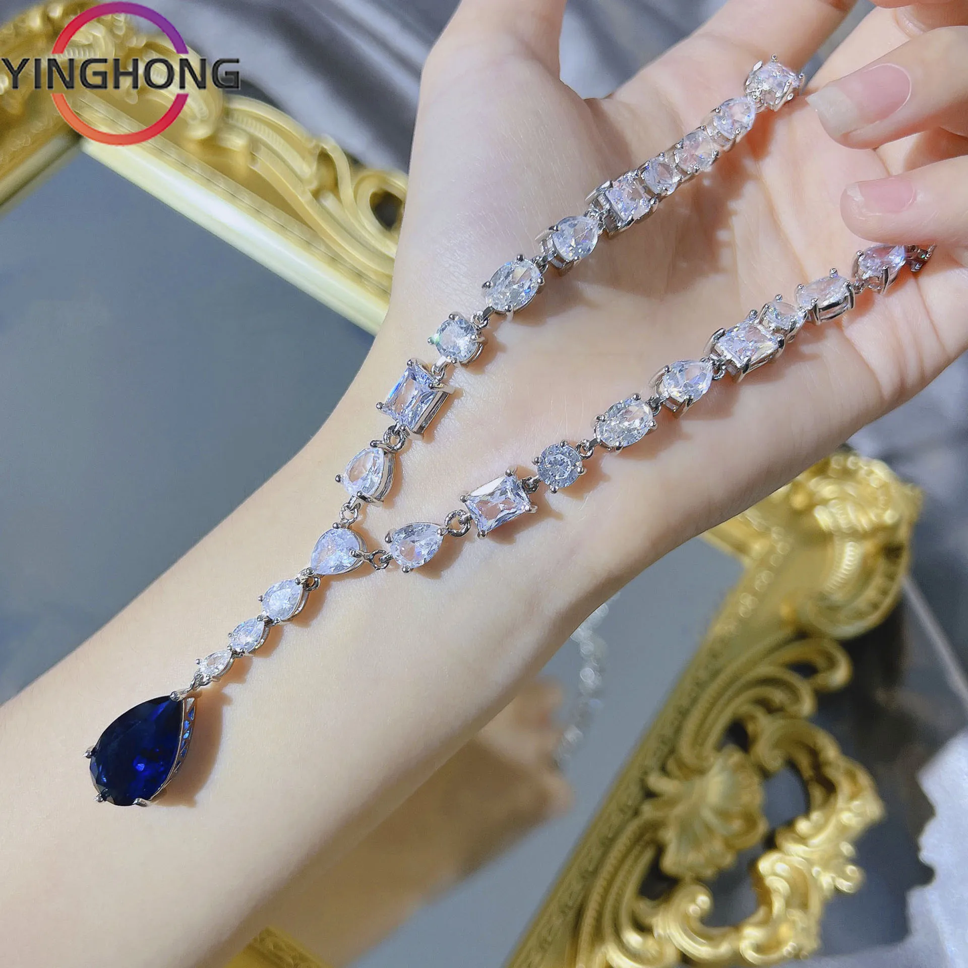

QueXiang S925 Sterling Silver Luxury Heavy Industry Water Drop Pear Shape Colorful Treasure Necklace for Women's Jewelry Gift