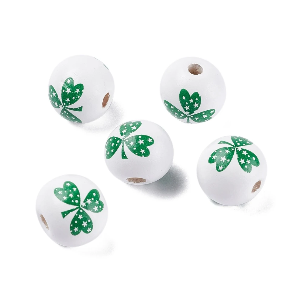 

100pcs Natural Wood Beads with Clover Pattern 16mm Round Wooden Balls Beads for Jewelry Making DIY Accessories