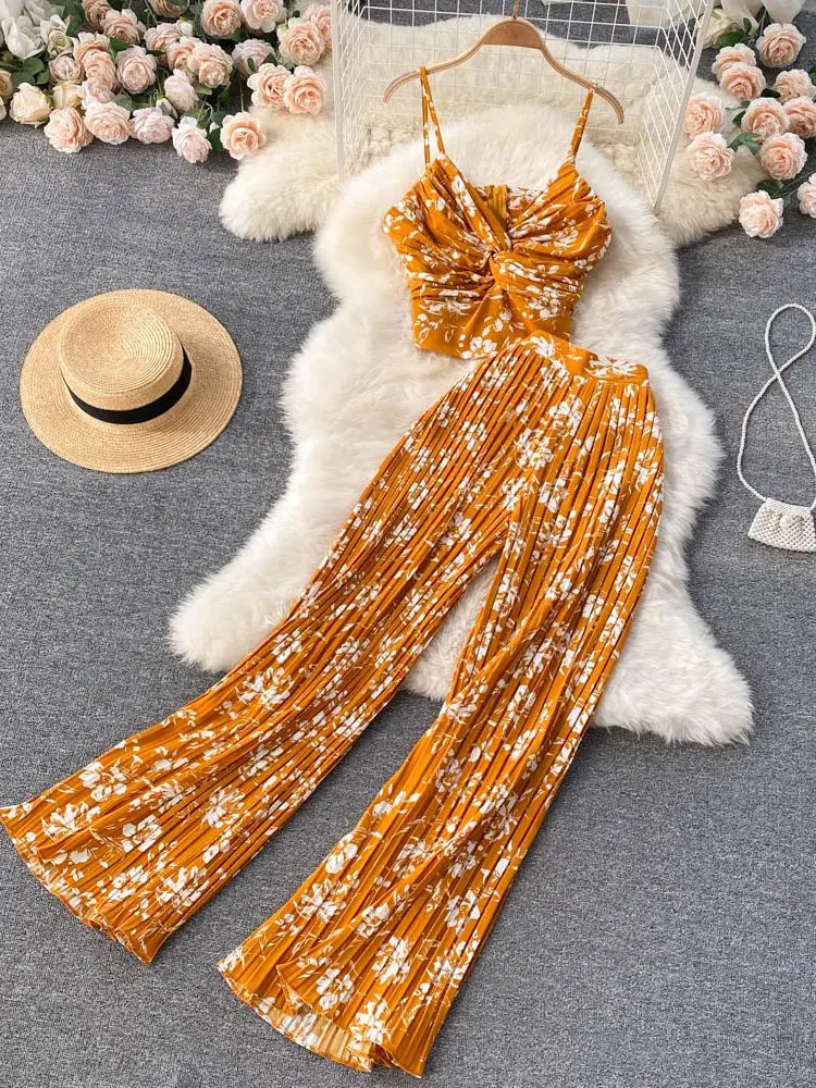 

Summer Women Maxi Printing Two Piece Set Sleeveless Strap Tops Female Casual Holiday Beach Boho Chiffon Pants Suit Fashion Sets
