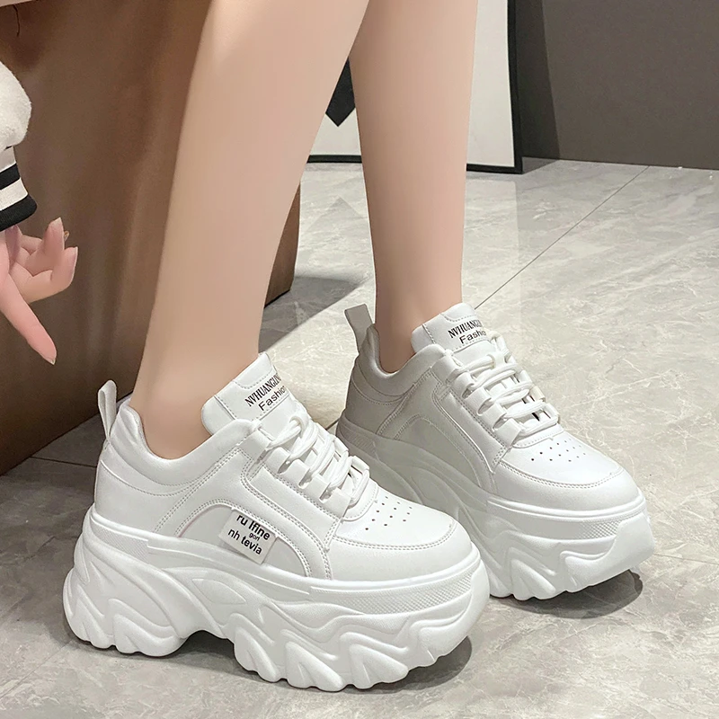 

2023 Spring Women's Casual Sports High Platform Shoes All-match 8CM Women's Chunky Sneakers Breathable Autumn Leather Dad Shoes