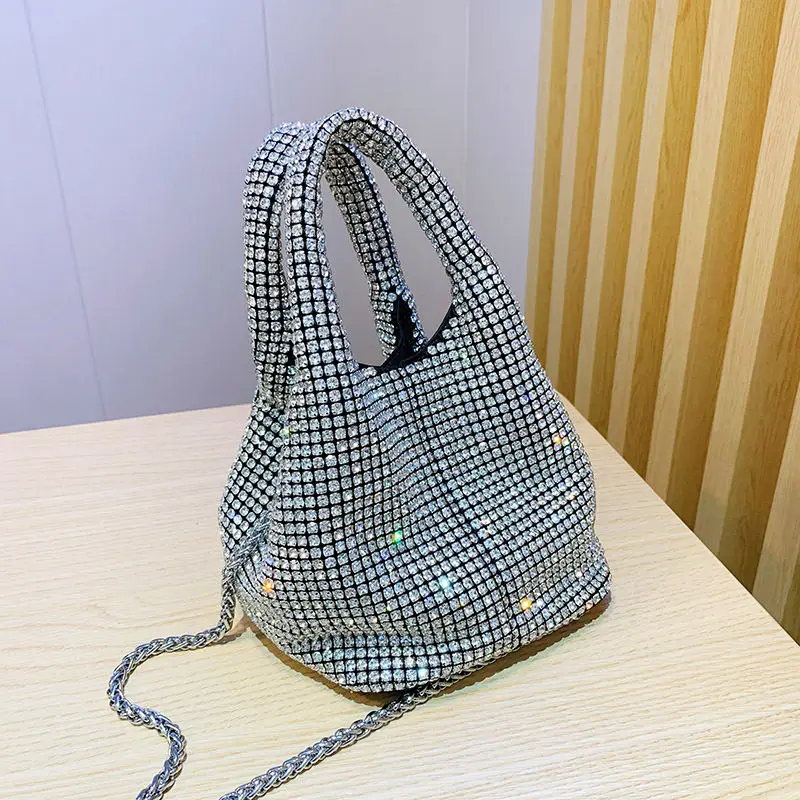 

Wang Bucket Crystal Rhinestone Handbags for Women Diamonds Shoulder Bag Purse Female Crossbody Bag Shining Diamond Bag Metal Tie