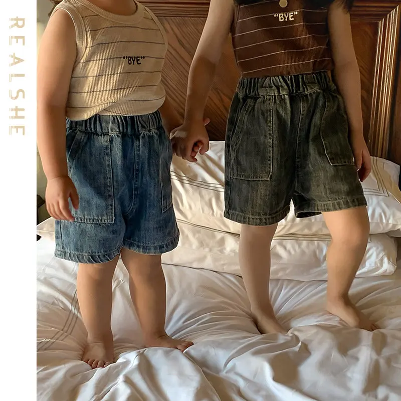 

2023 New Girls Denim Shorts Girl Summer Pants Solid Color Pocket Loose Kids Clothes Children Jean Short for Boys